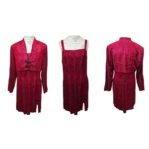 Vintage Dawn Joy Red Floral Print Sleeveless Slit Front Dress w. Shrug Jacket